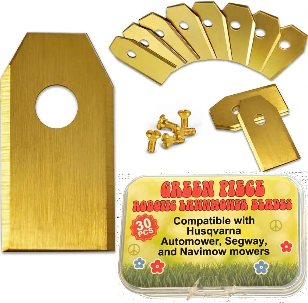 Titanium-coated regular-size robot mower blades, 30 blades and screws, in the tin they ship in